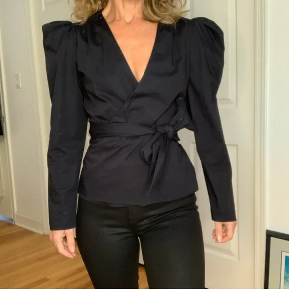 NWT* Zara Belted Puff Shoulder Poplin Wrap Blouse Black Top Shirt - Picture 1 of 12